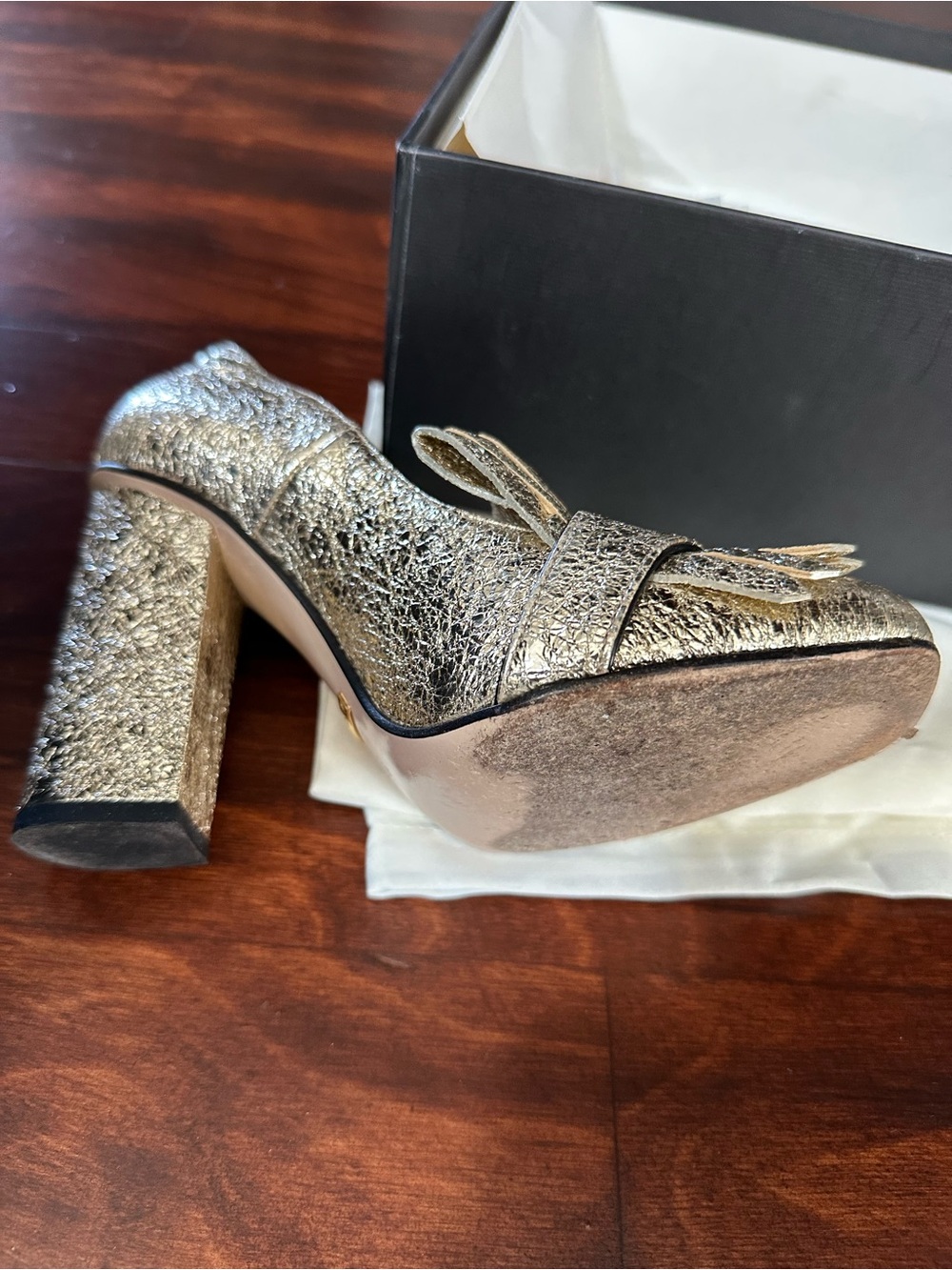 Gucci Gold Glitter Fringe Heeled Loafers with Double G - Picture 5 of 10